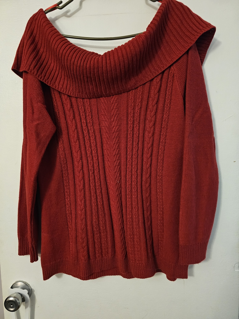 New York & Company Red Off-The-Shoulder Cable Knit Sweater